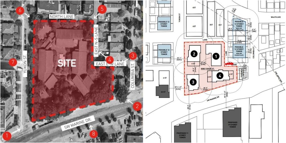 The 8080 Yukon Street site (left) and the layout of the proposed buildings (right).