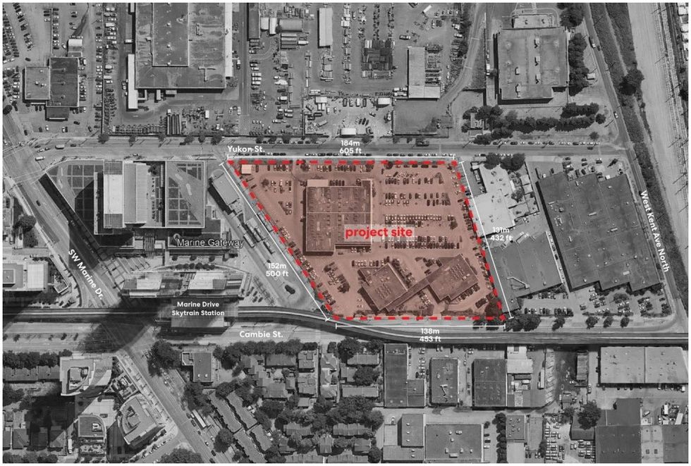The 8530 Cambie Street site in Vancouver, directly adjacent to Marine Drive Station.