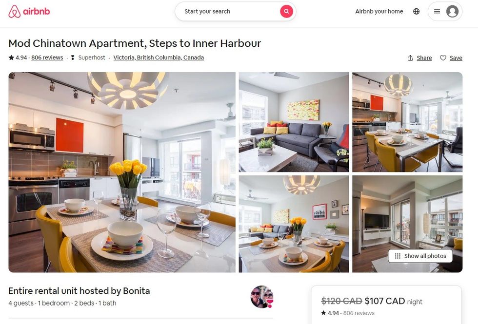 The Airbnb listing for 414-517 Fisgard Street in Victoria.