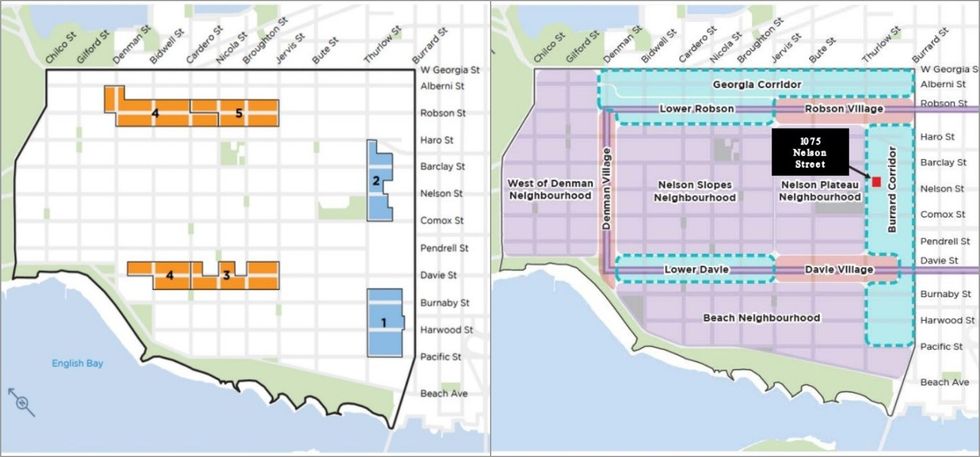 The amendments to the West End Rezoning Policy applied to Area 1 and Area 2 (left), which includes the site of CURV (right).