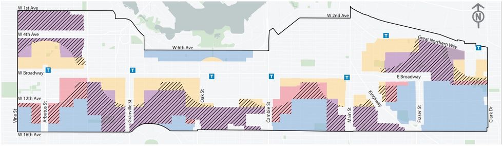 The areas within the Broadway Plan that would be affected by the proposed zoning change.