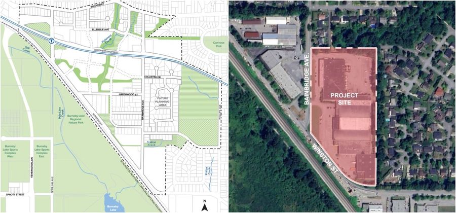 The Bainbridge Urban Village area (left) and 3767 Bainbridge Avenue (right) at the southern-most tip. 