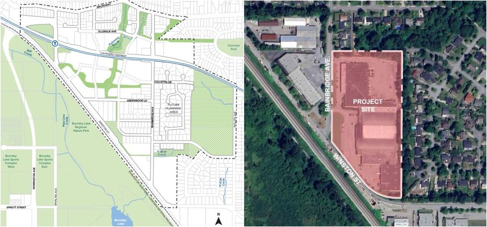 The Bainbridge Urban Village area (left) and 3767 Bainbridge Avenue (right) at the southern-most tip.