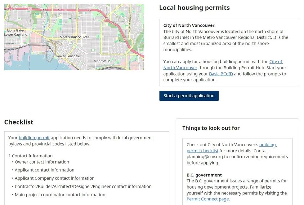 The Building Permit Hub webpage for the City of North Vancouver.