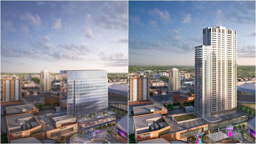 The cancelled 16-storey office building (left) and an illustration of the current development potential (right).