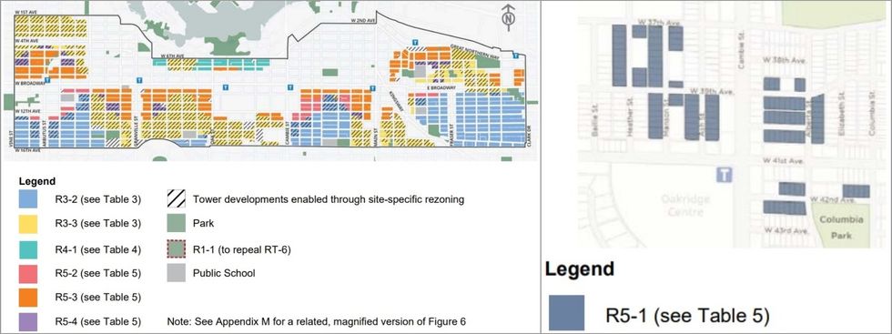 The CIty-initiated rezonings and new residential zoning proposed for the Broadway Plan area (left) and Cambie Corridor (right). 