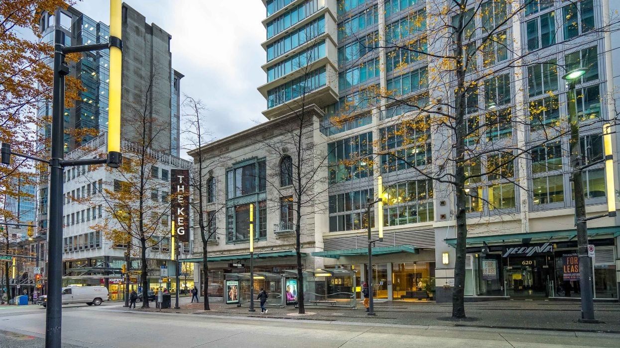 The commercial podium of The Hudson at 610 Granville Street in downtown Vancouver.