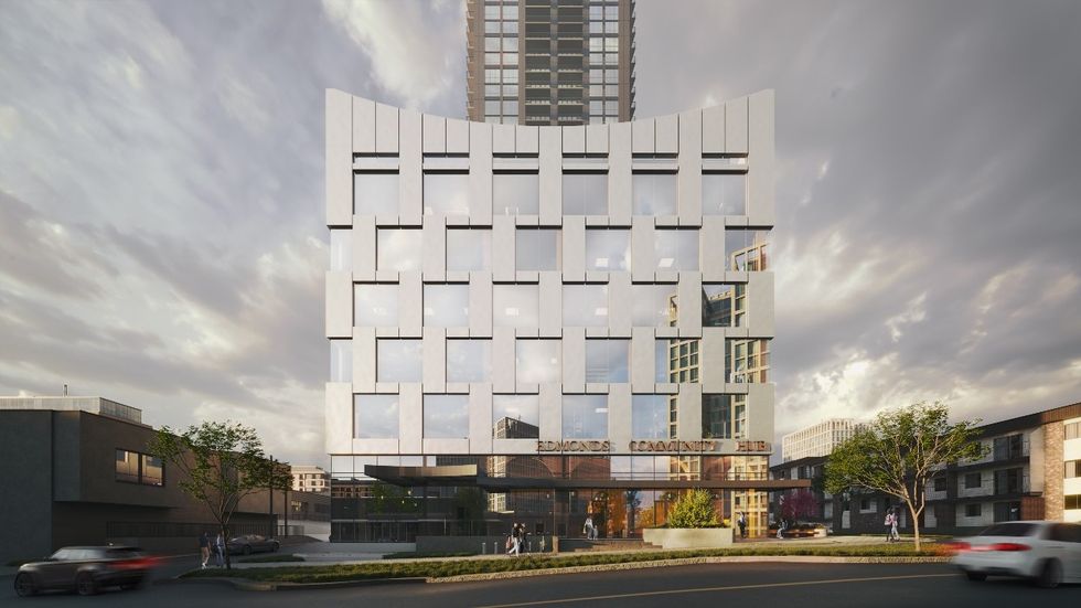 The community hub building planned for the corner of Walker Avenue and Arcola Street in Burnaby.