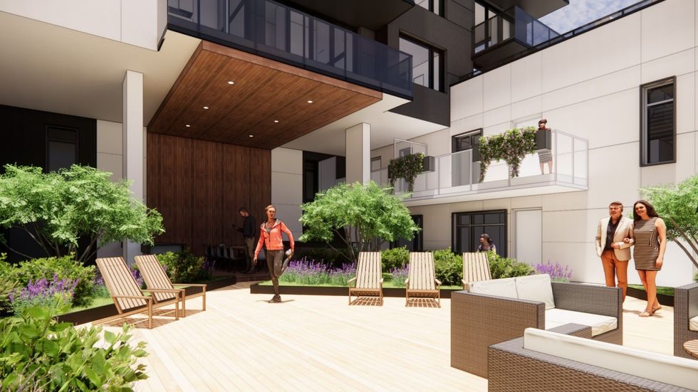 The courtyard space for the townhouses on the second floor.