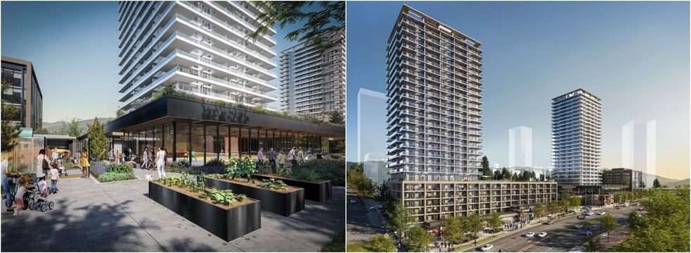 The daycare facility (left) and three buildings (right) of Inlet District's first phase.