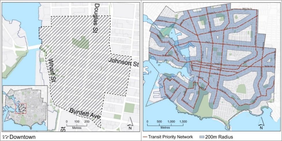 The downtown area (left) and transit priority network (right) that will have adjusted parking regulations.