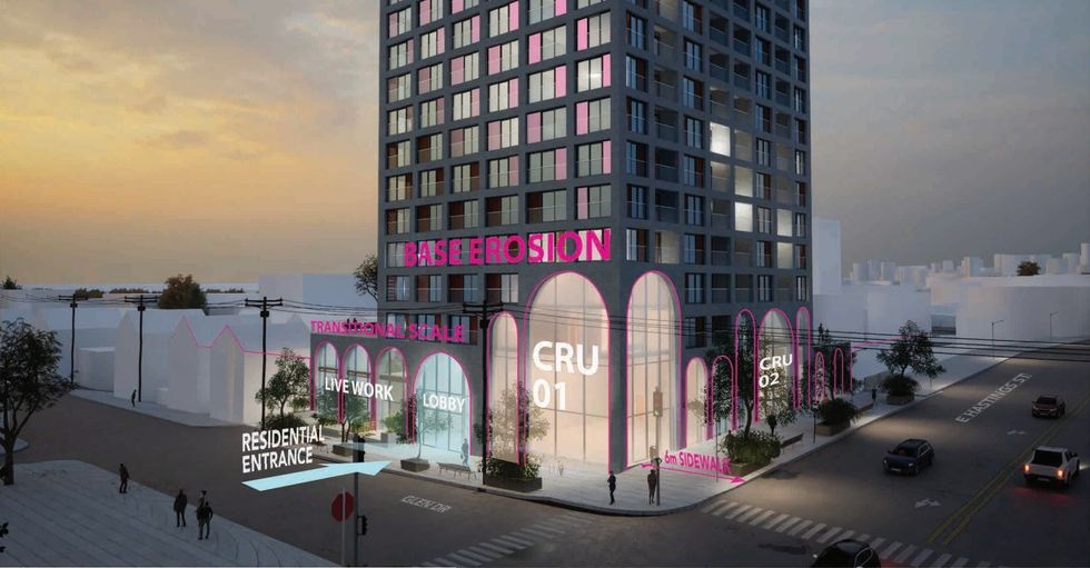 The East 1 tower base at the intersection of E Hastings Street and Glen Drive.