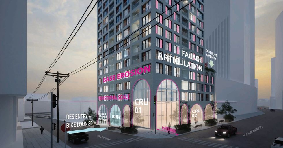 The East 2 tower base at the intersection of E Hastings Street and Glen Drive.