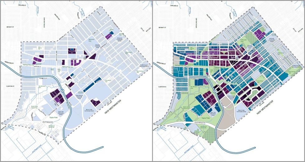 The existing building heights (left) and new building heights (right) in Edmonds.