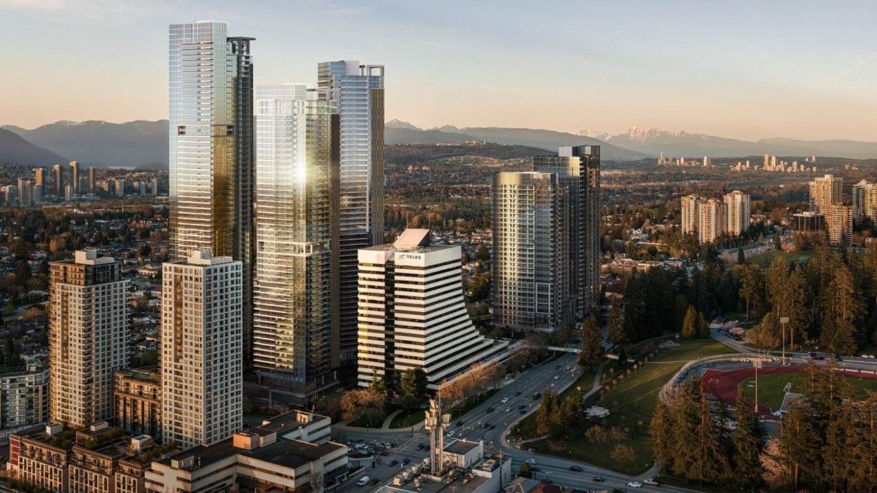 The existing Telus Boot building on Kingsway and the proposed new towers.