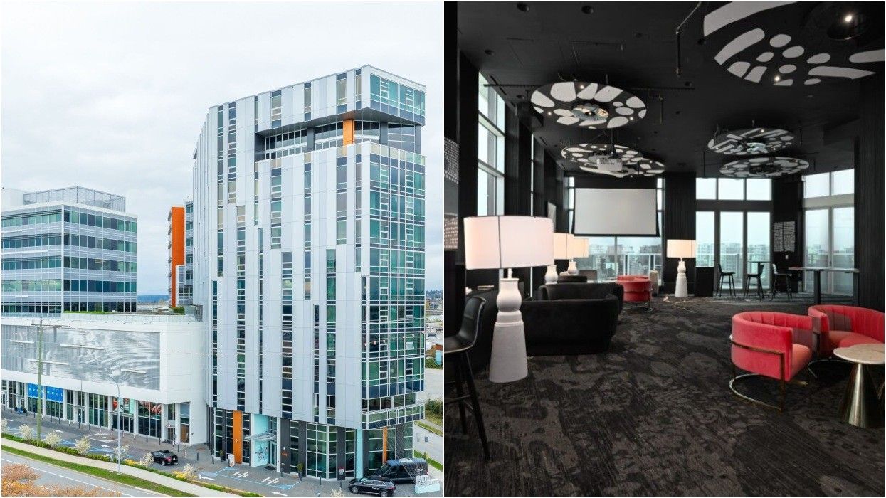 The exterior and interior of the Versante Hotel at 8499 Bridgeport Road in Richmond.