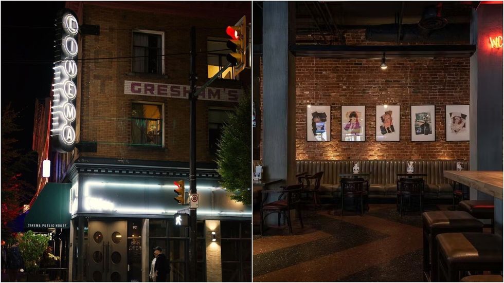 The exterior (left) and interior (right) of the Cinema Public House at 901 Granville Street in Vancouver.