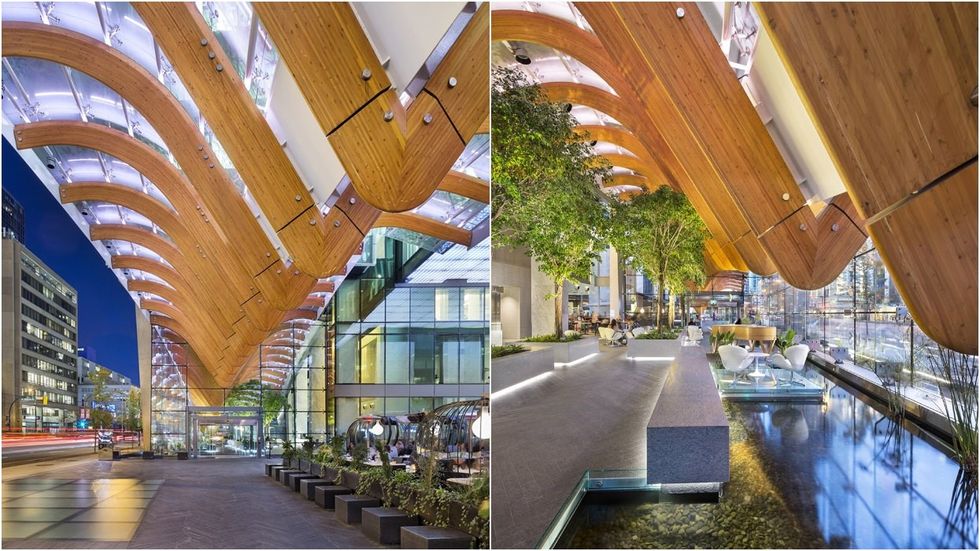 The exterior (left) and interior (right) of the main floor of Telus Garden.
