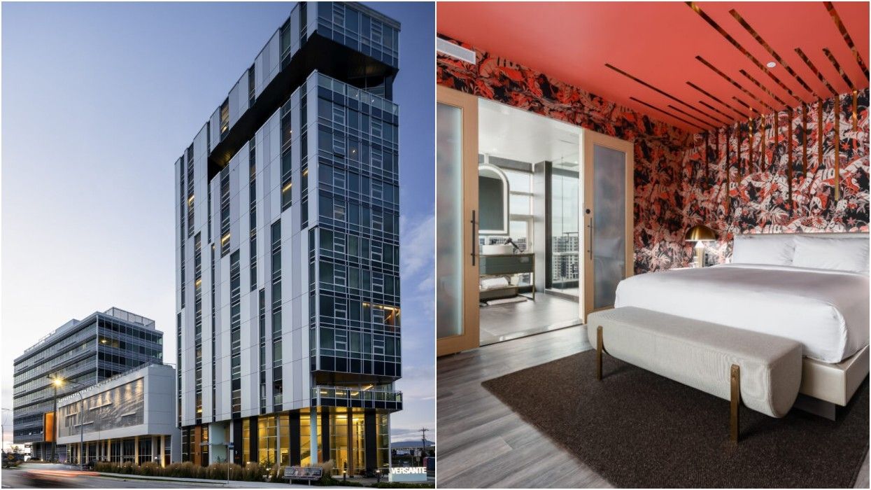 The exterior (left) and interior (right) of the Versante Hotel in Richmond.