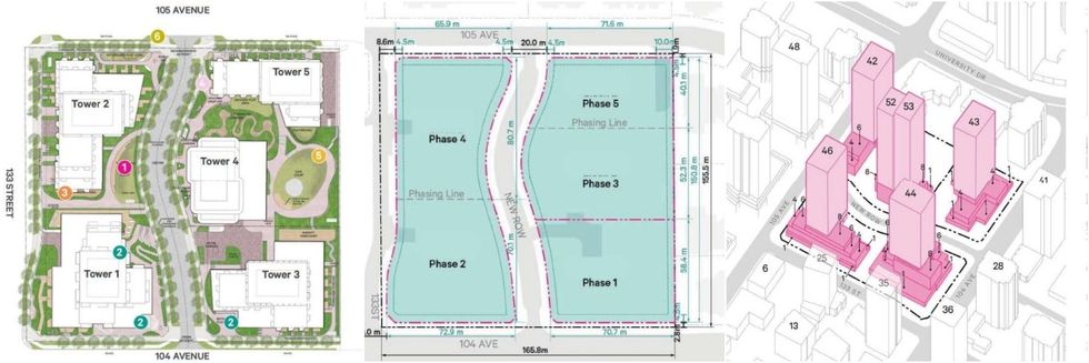The five towers (left), phasing plan (middle), and heights (right) for Bristol.