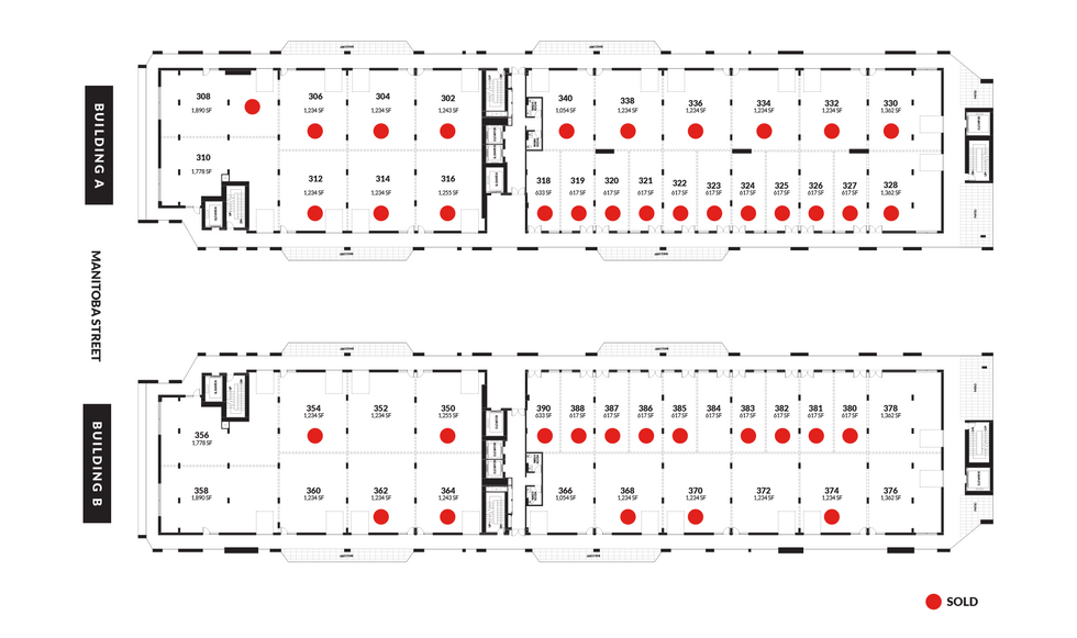 The floorplan for Level 3 of Marine Landing, the sizes of the units, and the units that have been sold.