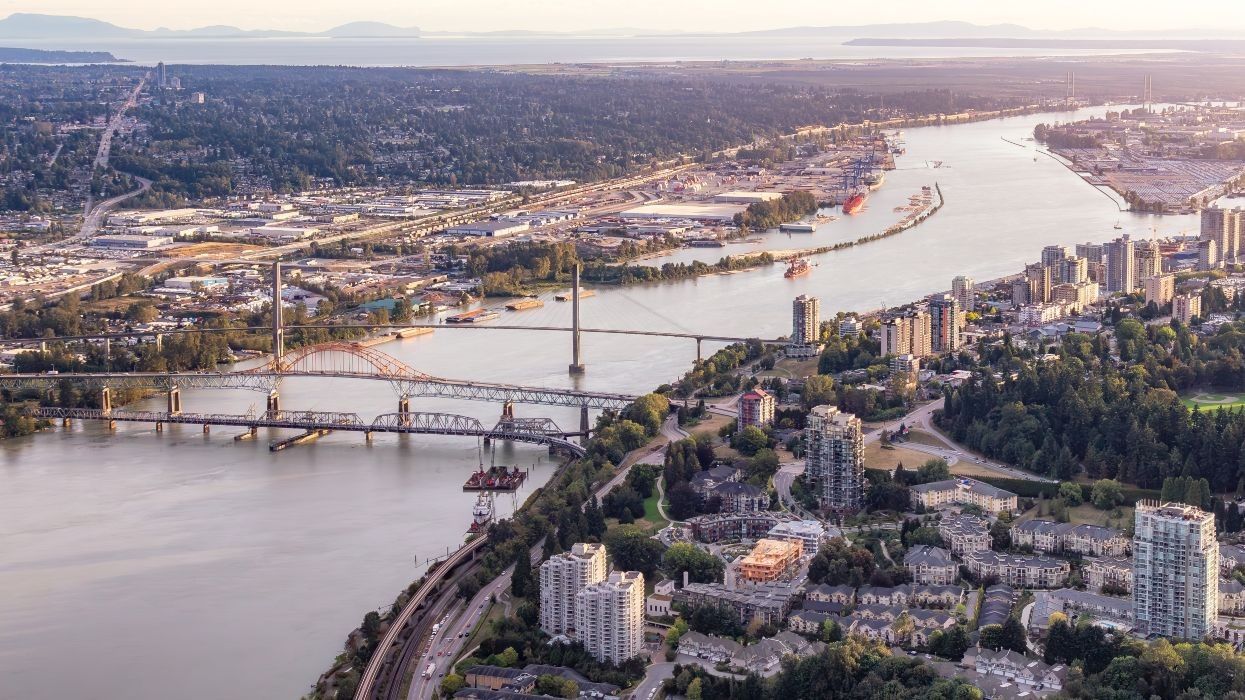 The Fraser River running between Surrey and New Westminster.