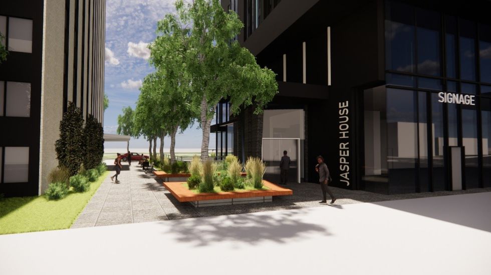 The front entrance of the building, along Jasper Avenue.