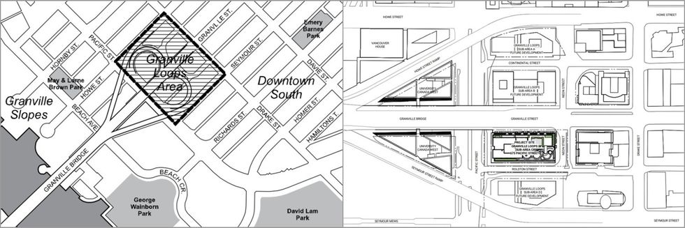 The Granville Loops Policy Plan Area (left) and the four redevelopment sub-areas (right).