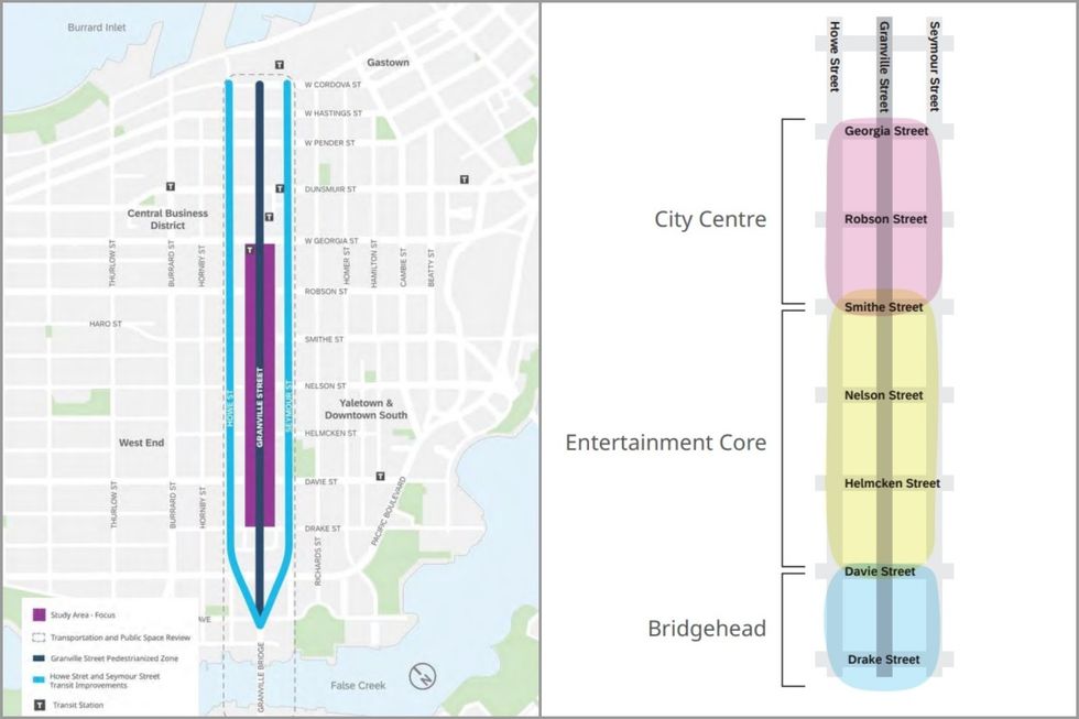 The Granville Street Plan area (left) and the Bridgehead, Entertainment Core, and City Centre character areas.