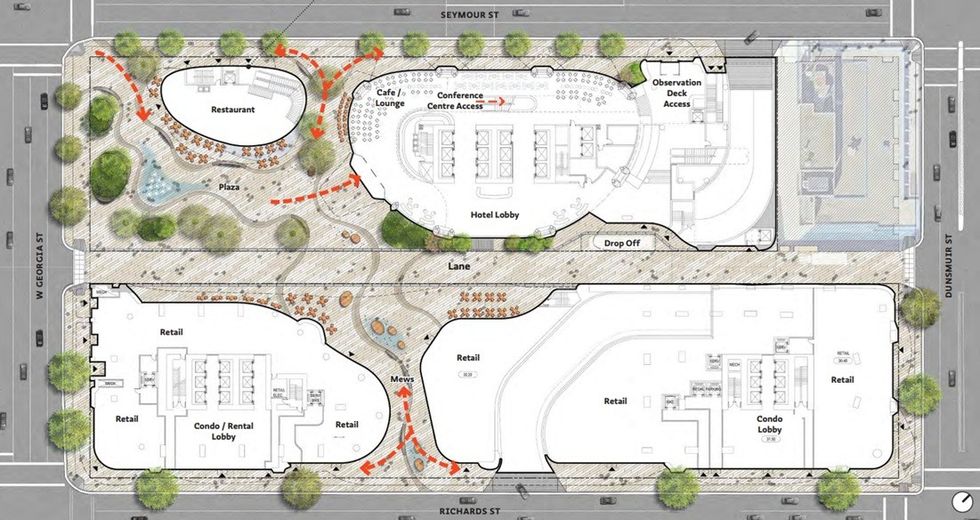 The ground-level layout planned for 501 W Georgia Street and 595 W Georgia Street.