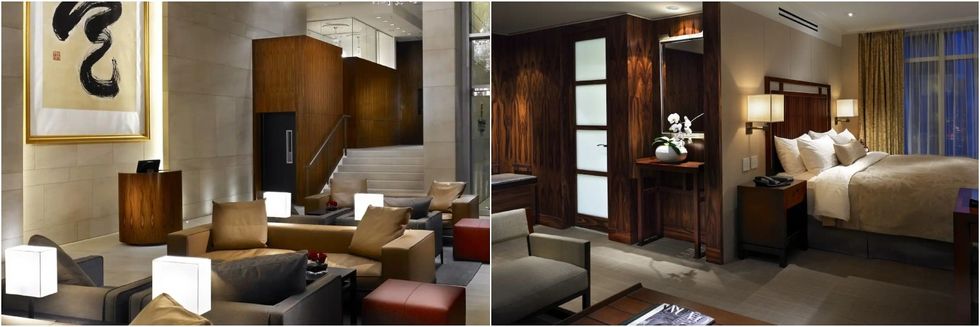 The hotel lobby and a guest suite at the Shangri-La Vancouver, now operating as Hyatt Vancovuer Downtown Alberni.