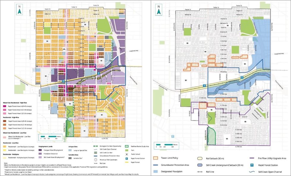 The land use plan, heights, densities (left) and limitations (right) for the Rupert and Renfrew Station Area Plan.