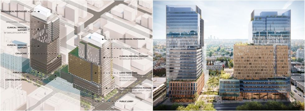 The layout of the spaces in the 28-storey East Tower (left in both photos) and 26-storey West Tower.