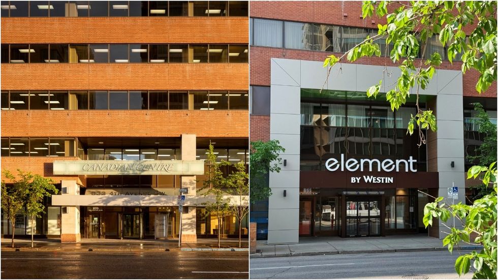The main entrance of the Canadian Centre (left) that's now the Element Hotel by Westin (right).