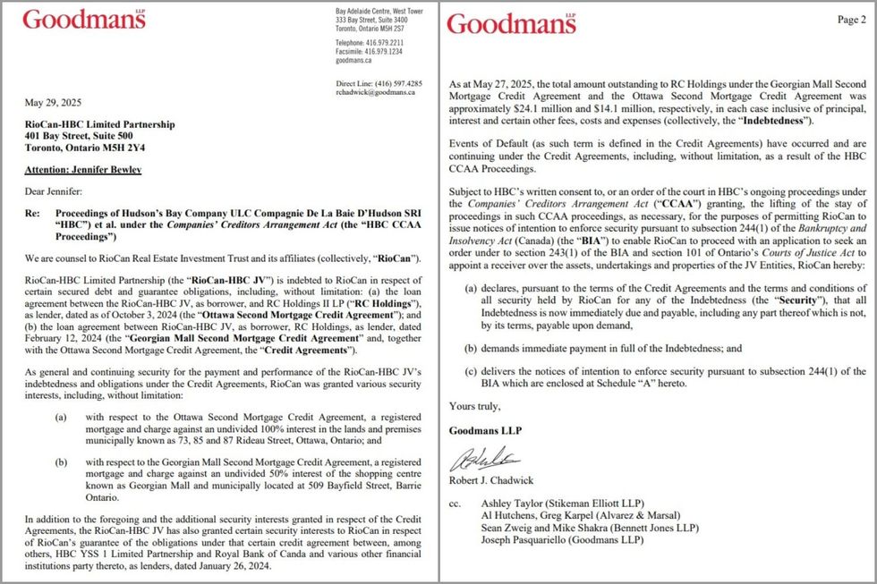 The May 29 letter from RioCan to Hudson's Bay demanding payment.