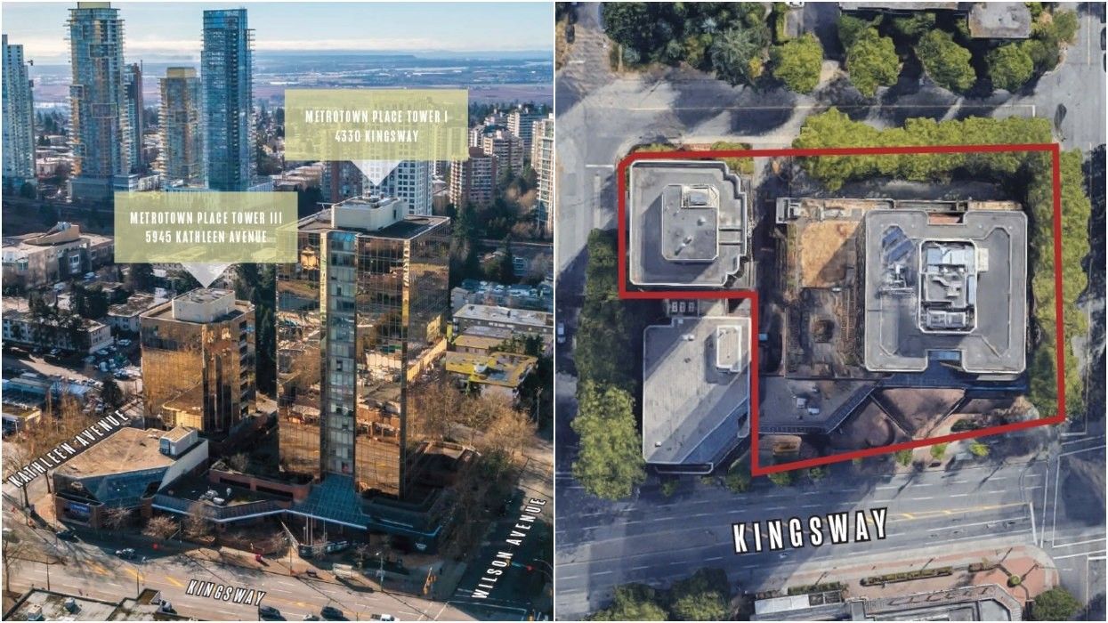 The Metrotown Place office towers at 4330 Kingsway and 5945 Kathleen Avenue in Burnaby.