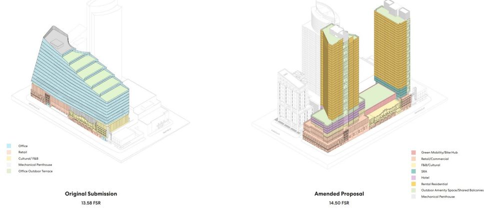 The mix of uses in the original submission and the new proposal.