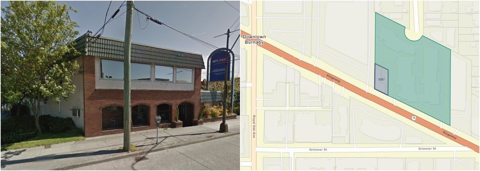 The office building that used to occupy 5367 Kingsway (left) and the two parcels (right).