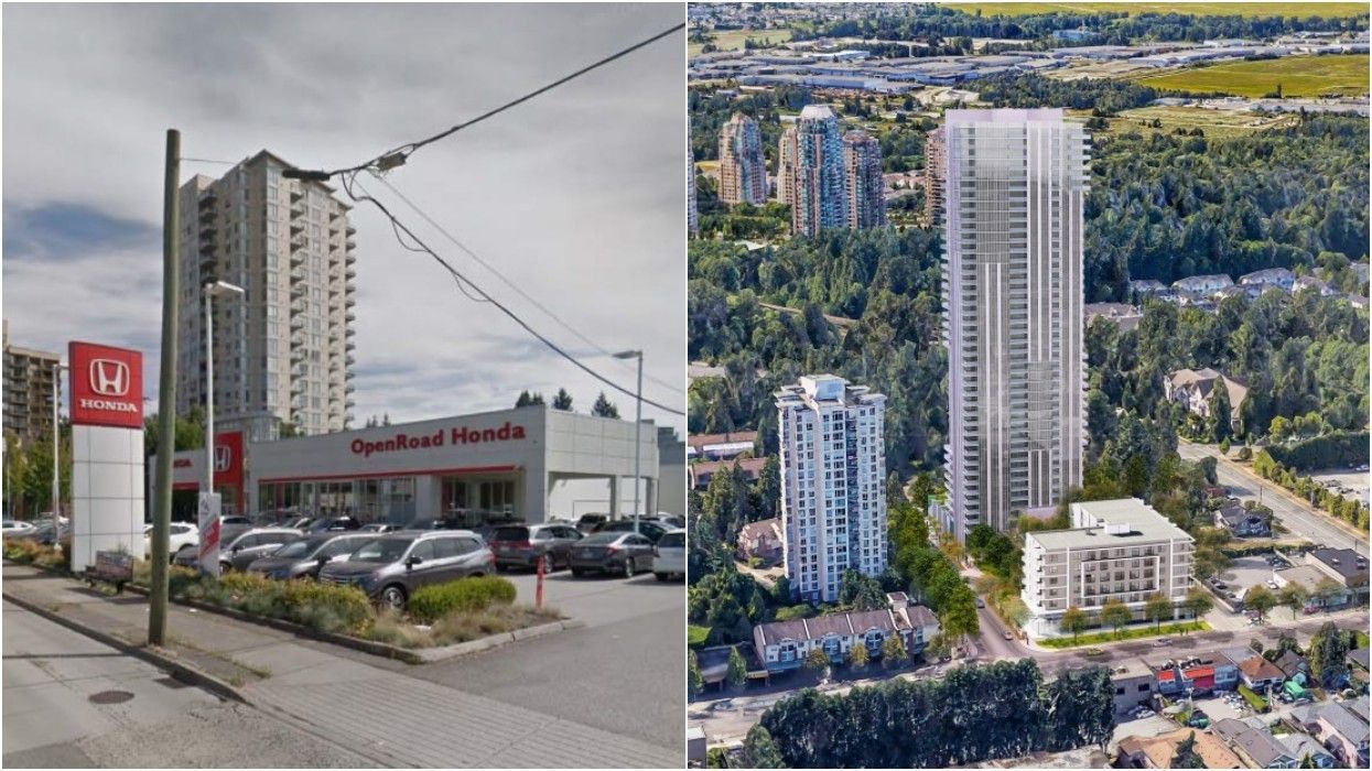 The OpenRoad Honda dealership on Kingsway in Burnaby (left) and the proposed development (right).