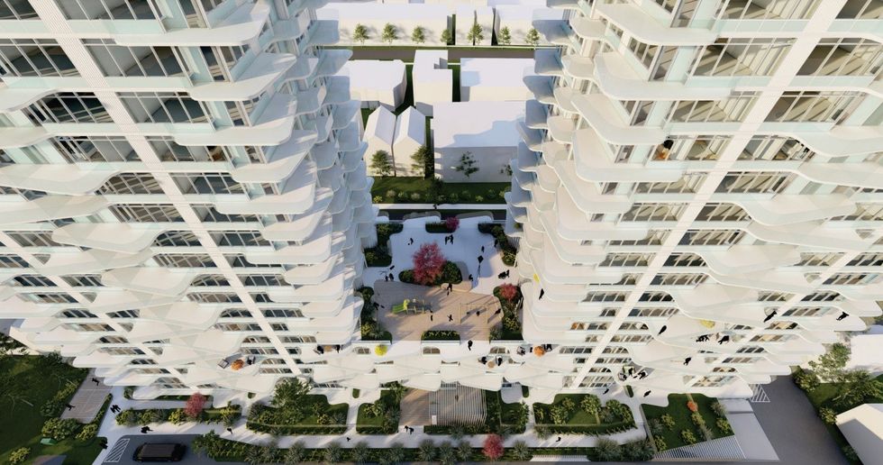 The outdoor amenity space atop the building podium.