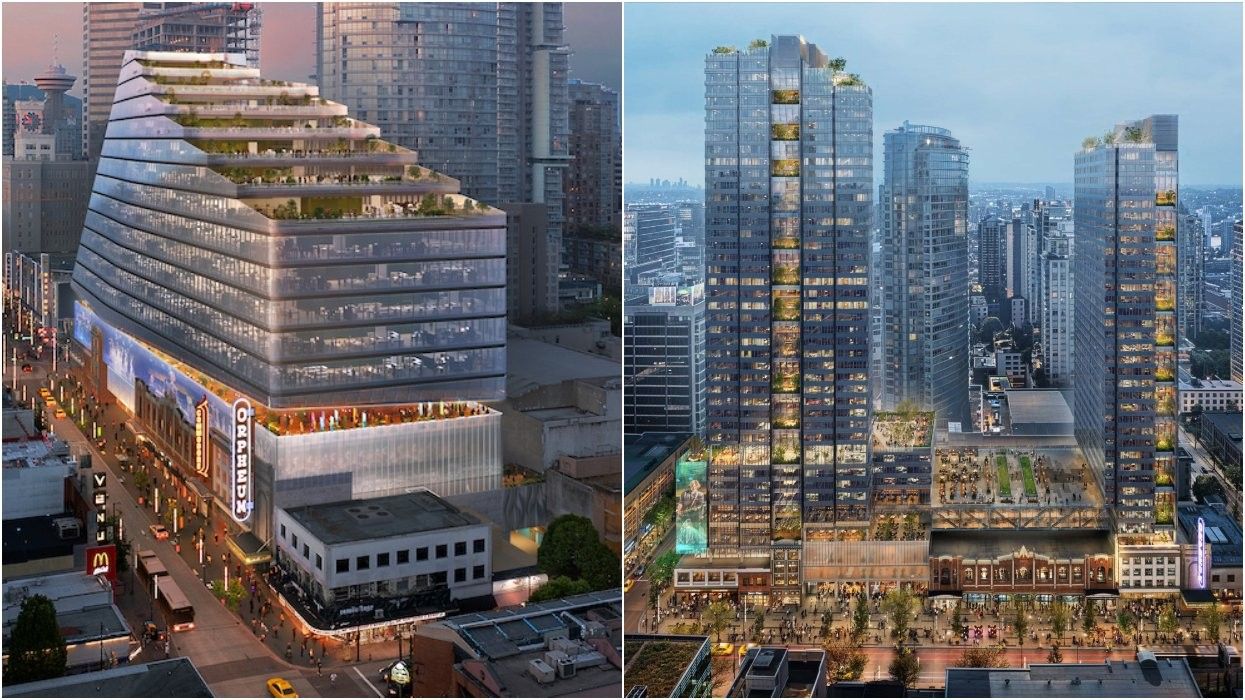 The previous proposal (left) and revised proposal (right) for 800-876 Granville Street.