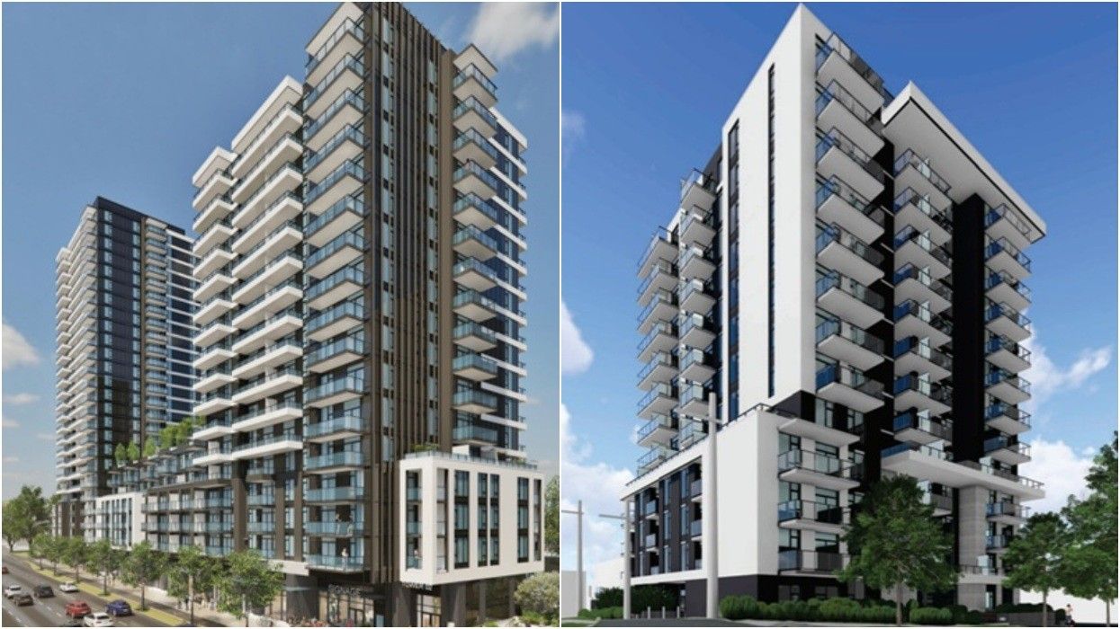 The proposal for 375-475 W 41st Avenue (left) and 325-343 W 41st Avenue and 5696 Alberta Street (right).