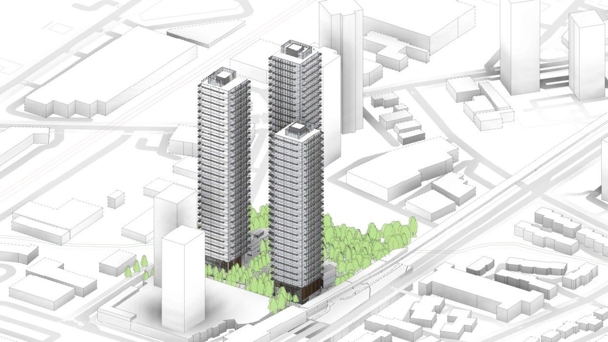 The proposal for 5502 Lougheed Highway in Burnaby, currently the home of REVS Bowling.