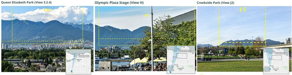 The proposed changes (dotted lines) to the three existing view cones (solid lines).