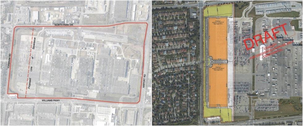 The proposed severence for the 269-acre Stellantis site (left) and the proposal for the new 32-acre site (right).
