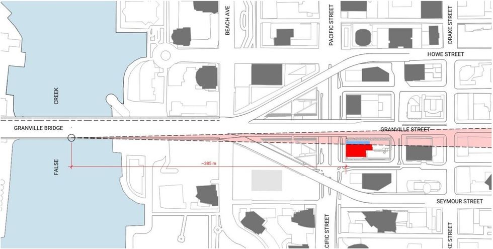 The proposed tower for 1935 Rolston Street encroaches on View Cone 12.2 (Granville Bridge).