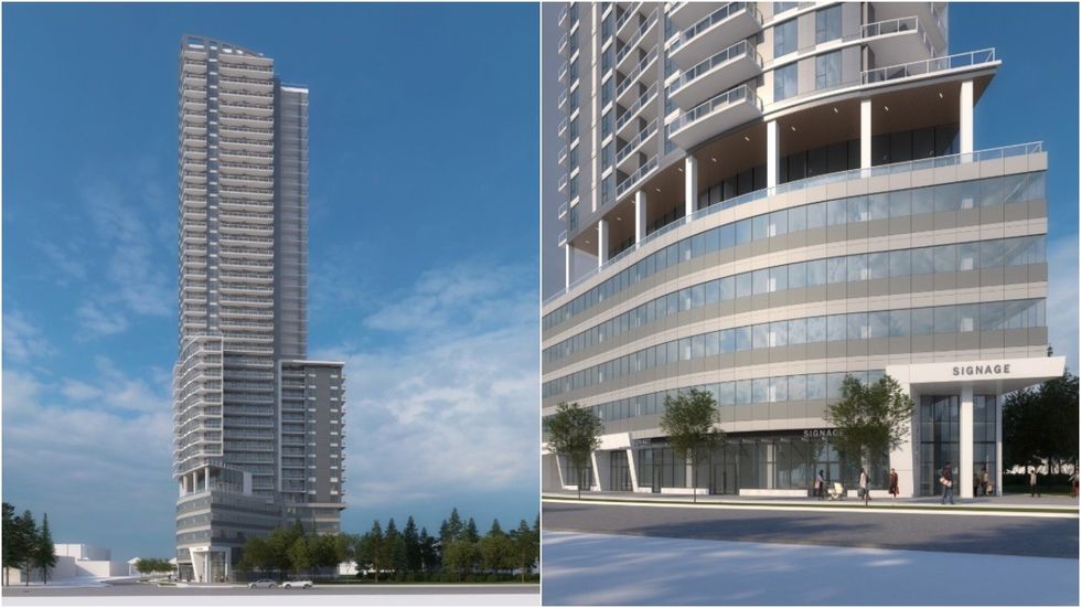 The proposed tower (left) and its commercial podium (right).