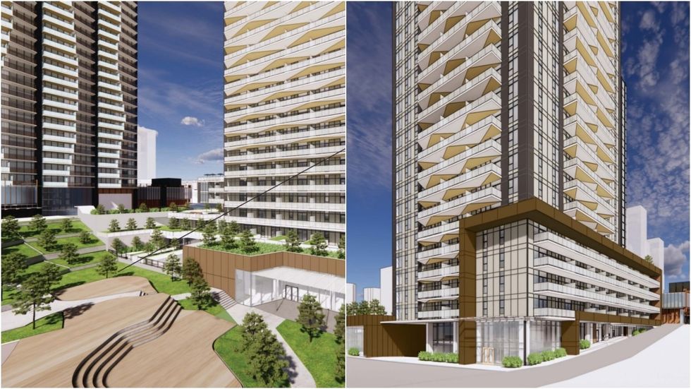 The public park (left) that will be located to the west of Tower D (right).