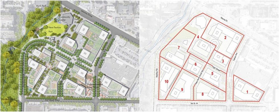 The public spaces planned for the Capilano Mall redevelopment (left) and the phasing plan (right).