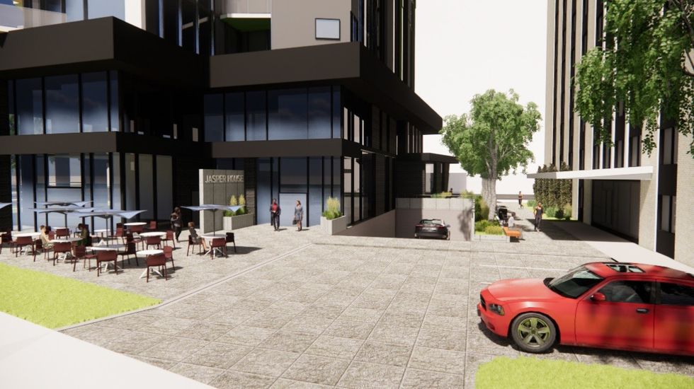 The rear entrance of the building, along 100 Avenue.